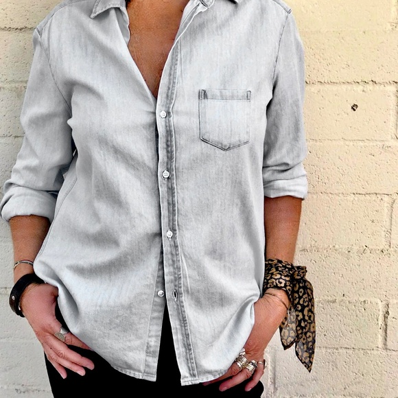 Joe’s Jeans The Shirt Sexy Single Pocket Distressed Gray Button Down Shirt - Picture 1 of 6